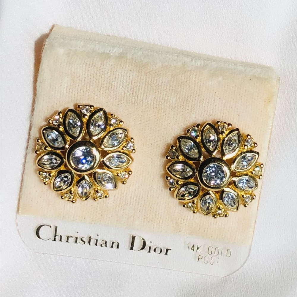 Vintage Christian DIOR Swarovski Crystal 14k Post Back Stud Flower Signed Box